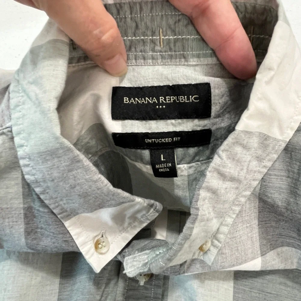 Banana Republic Untucked Fit Shirt Men L Plaid Organic‎ Cotton Casual Everyday